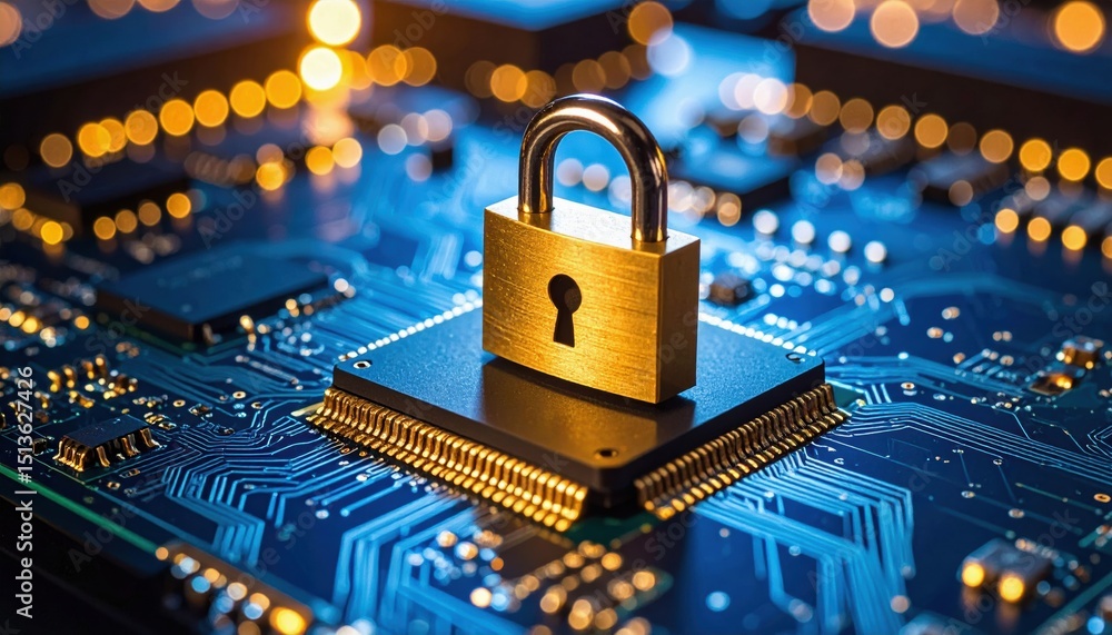 Poster a golden padlock sits on a microchip, symbolizing cybersecurity and data protection on a digital cir