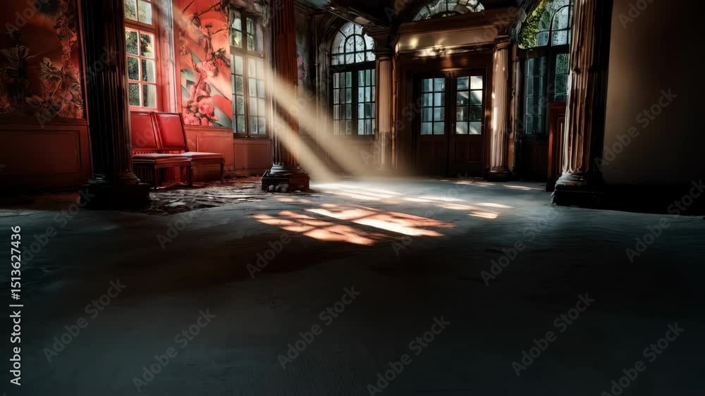Poster sunlight beams through the windows of an empty old room, illuminating dust and shadows on the weathe