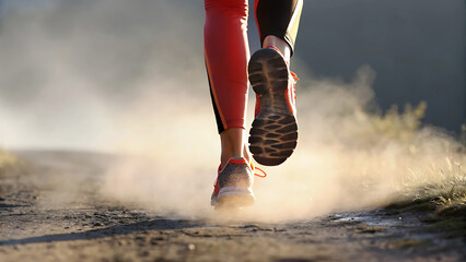 Runner's Feet on Dusty Trail Action Shot of Trail Running