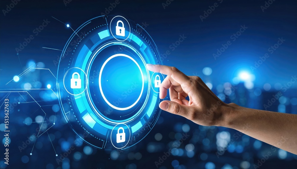 Poster a hand interacts with a futuristic digital interface featuring security lock icons, symbolizing cybe