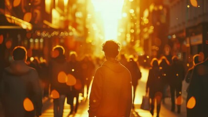 Person walking into sunlit crowd, creating bokeh effect. Golden hour city scene. Focus on the subject walking towards the light and people around them. Crowded street scene.