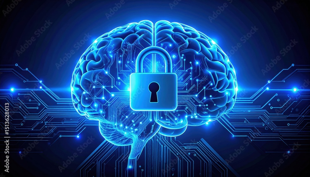 Poster a glowing digital brain with circuitry and a padlock symbolizes cybersecurity and data protection.