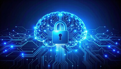 A glowing digital brain with a padlock at its center symbolizes cybersecurity and the protection of artificial intelligence and digital information.