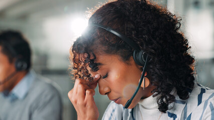 Woman, breathe and headset with headache at call centre for contact us, consulting and wrong...
