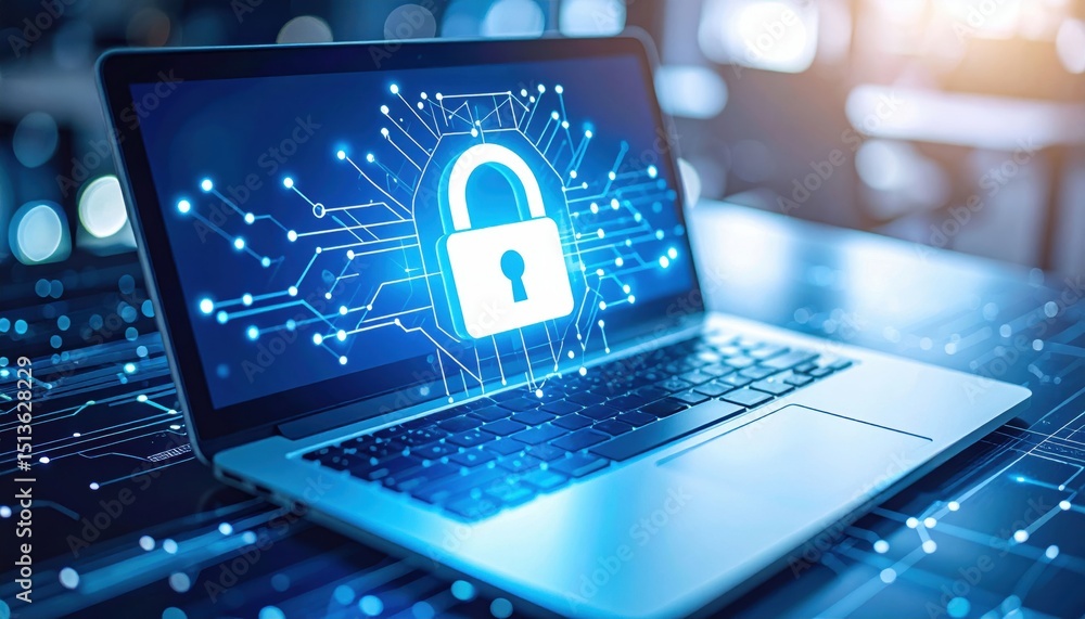 Poster a laptop displaying a digital padlock, symbolizing cybersecurity and data protection in a high-tech 