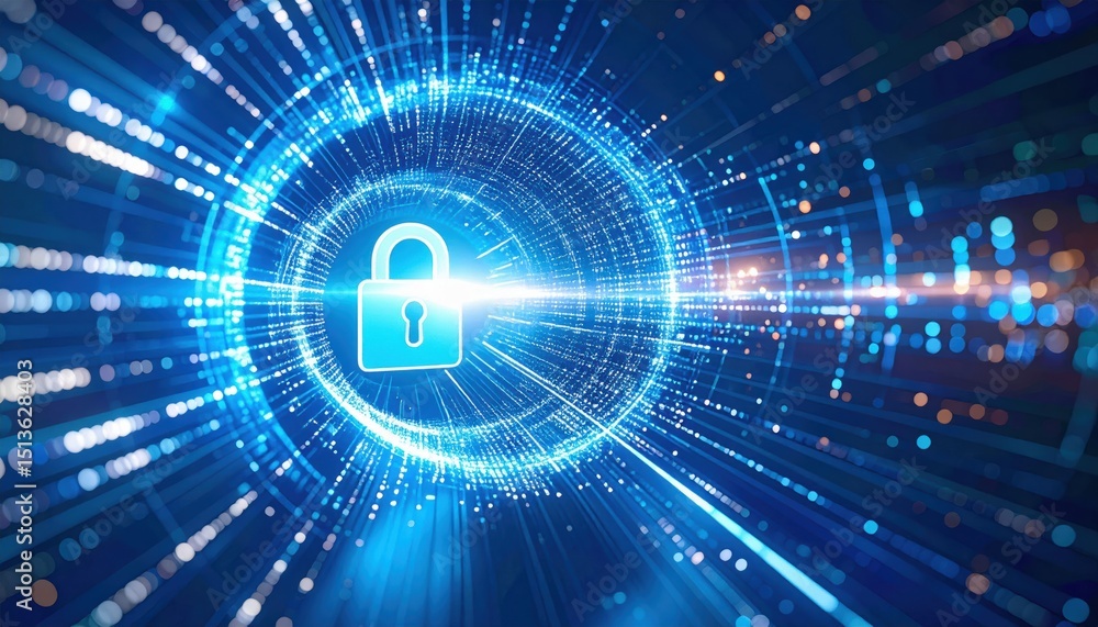 Poster a digital padlock surrounded by glowing blue data streams symbolizes cybersecurity and data protecti