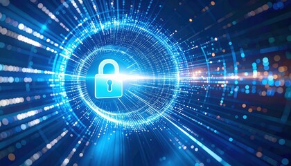 Obraz premium A digital padlock surrounded by glowing blue data streams symbolizes cybersecurity and data protection.