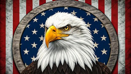 Fierce bald eagle with stars and stripes background symbolizing American patriotism and national pride
