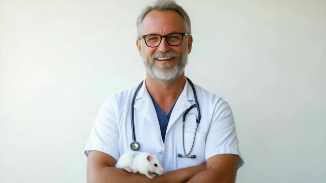 Smiling veterinarian with stethoscope and small white rabbit
