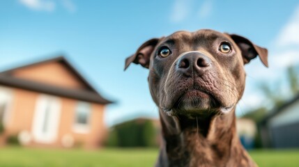 A close-up of a lovable dog with expressive eyes and a curious demeanor, set against a vibrant backyard, representing the joy and companionship of pet ownership.