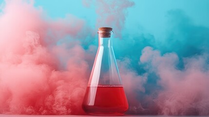 A captivating lab flask holds a bright red liquid as colorful smoke swirls around it, creating an enchanting atmosphere perfect for science or chemistry-themed projects.