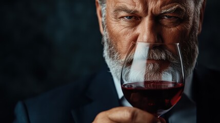 An intense close-up portrait of a mature man holding a wine glass, gazing thoughtfully towards the viewer, conveying a sense of wisdom, strength, and deep contemplation.