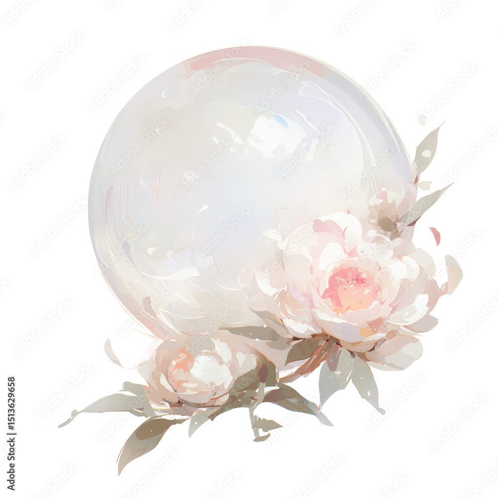 Poster a delicate flower enclosed in a transparent bubble floating gracefully against a natural white backg