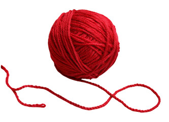 A single red yarn ball with a loose end isolated against a black background in a studio shot image