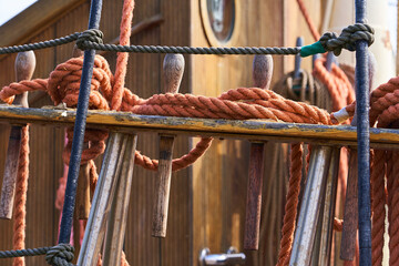 The marine node on the ship. Strong rope knots in the surroundings of shipboard life