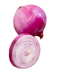 Fesh peeled red or purple Spanish onion in one slice in circle shape and one bulb in stack isolated with clipping path in png file format