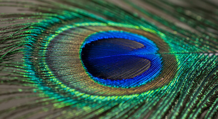 Fototapeta premium Close-up of a Vibrant Peacock Feather Jewel-toned Greens, Blues, and Golds