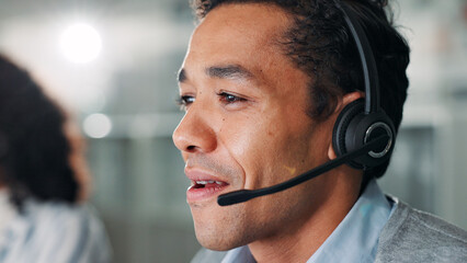 Headset, man and call center consultant in office for lead generation, crm or help desk...