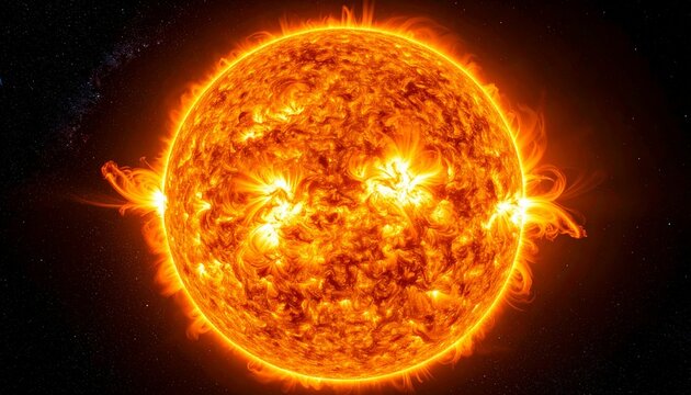 Close-up of the sun showcasing solar flares and coronal mass ejections in space.