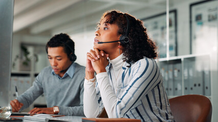 Reading, computer and call center with business woman for virtual consultation, help desk and crm....