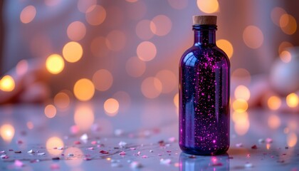 the bottle should have no label, no text, no logo, and no images or decorative elements on it shimmering purple toner bottle with glittering bokeh background, fantasy beauty look