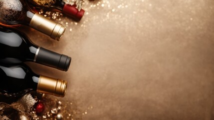 A collection of elegant wine bottles surrounded by festive decorations, symbolizing celebration and gatherings, perfect for showcasing luxury, warmth, and joy of special occasions.