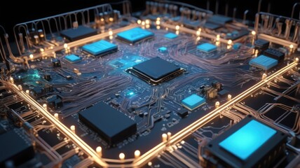 Fototapeta premium Green electronic circuit board with a processor and chip details resembling a digital city at night, highlighting computer hardware technology