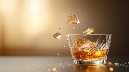 A stylish glass of whiskey filled with ice cubes, showcasing an artistic splash effect that captures the essence of luxury and relaxation in a refined drinking experience.