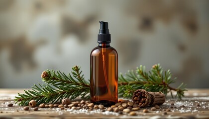 Fototapeta premium the bottle should have no label, no text, no logo, and no images or decorative elements on it a minimal amber spray bottle with fog and pine needles, forest inspired style