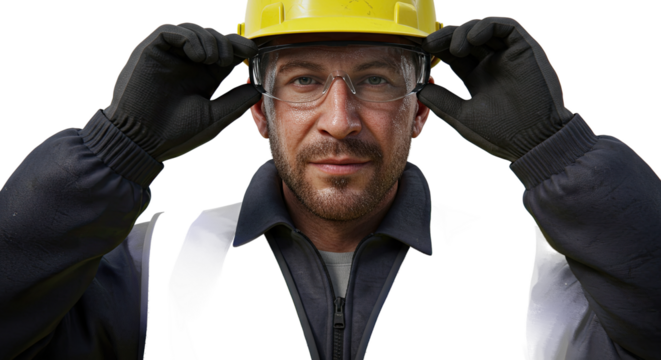 A construction worker wearing safety glasses and a yellow hard hat looking at the camera - Powered by Adobe