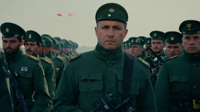Senior military officer in green uniform and cap stands prominently in foreground while rows of uniformed soldiers maintain disciplined formation behind creating authoritative ceremonial scene