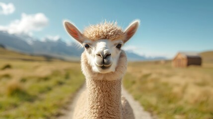 Fototapeta premium A playful alpaca displays its charming features in a vast, sunlit meadow, surrounded by beautiful mountains, showcasing the serene beauty of nature's landscapes.