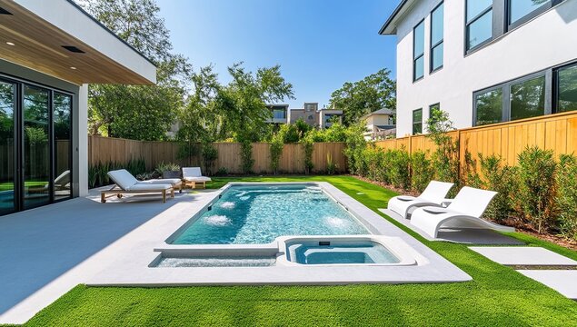 Luxury backyard with jacuzzi, pool, sun loungers, and green lawn by a sleek modern home