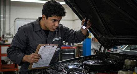 Focused mechanic inspecting car engine with checklist and flashlight for maintenance