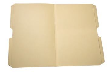 An open manila folder with several other folders stacked behind it on a black background surface