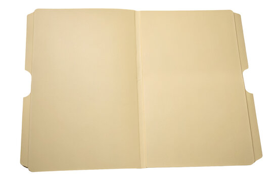 An open manila folder with several other folders stacked behind it on a black background surface
