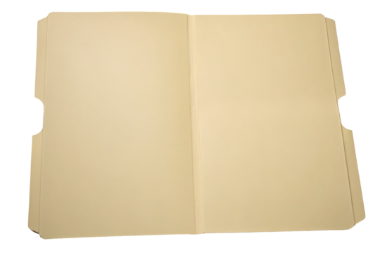 An open manila folder with several other folders stacked behind it on a black background surface