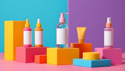 the bottle should have no label, no text, no logo, and no images or decorative elements on it brightly colored product line floating on color blocks, pop art cosmetic style