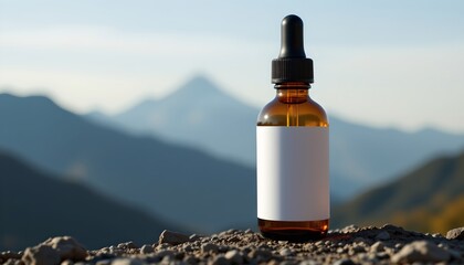 the bottle should have no label, no text, no logo, and no images or decorative elements on it amber dropper bottle with silhouette of a mountain in background, calm and grounding theme