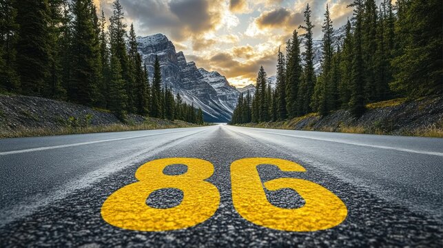Empty road, mountains, sunset, number 86