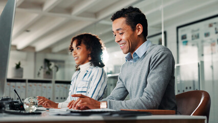 Office, coworking and businessman with computer for research, auditing and typing for information....