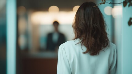 A woman in a white blouse stands with her back to the viewer, gazing at an indistinct figure in a professional setting, evoking feelings of curiosity and tension.