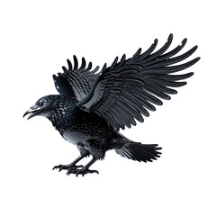 A gleaming black raven wings spread in a dramatic display captured in a on transparent background