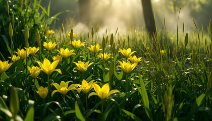 yellow flowers on green grass