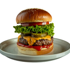 A juicy towering cheeseburger overflowing with fresh toppings calling to a on transparent background