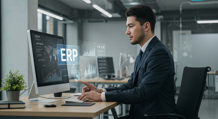 Professional analyzing ERP system data on computer in modern office setting