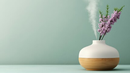 A modern aroma diffuser with steam and lavender flowers sits against a soft green background, creating a calming and minimalist atmosphere.