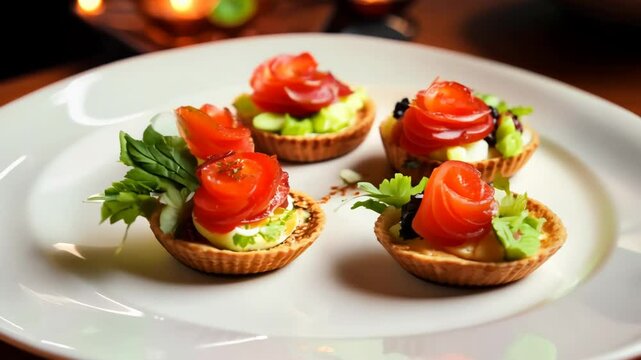  elegant bite-sized canapés topped with fresh ingredients, including smoked salmon and greens, spin around themselves. Perfect for upscale parties, these delicious snacks impress every guest