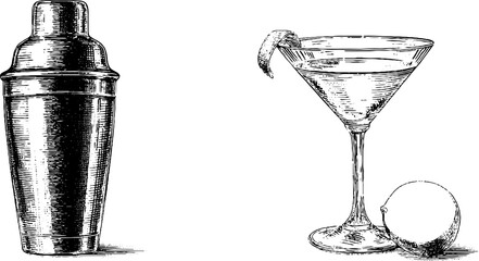 Vintage cocktail shaker and martini glass engraving for bar menu design
