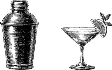 Vintage engraved cocktail shaker and martini glass set for drink lovers and bar decor